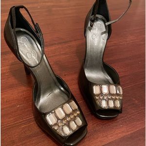 Jessica Simpson brown heels with rhinestones, ankle strap 4 inch heel, size 8.5